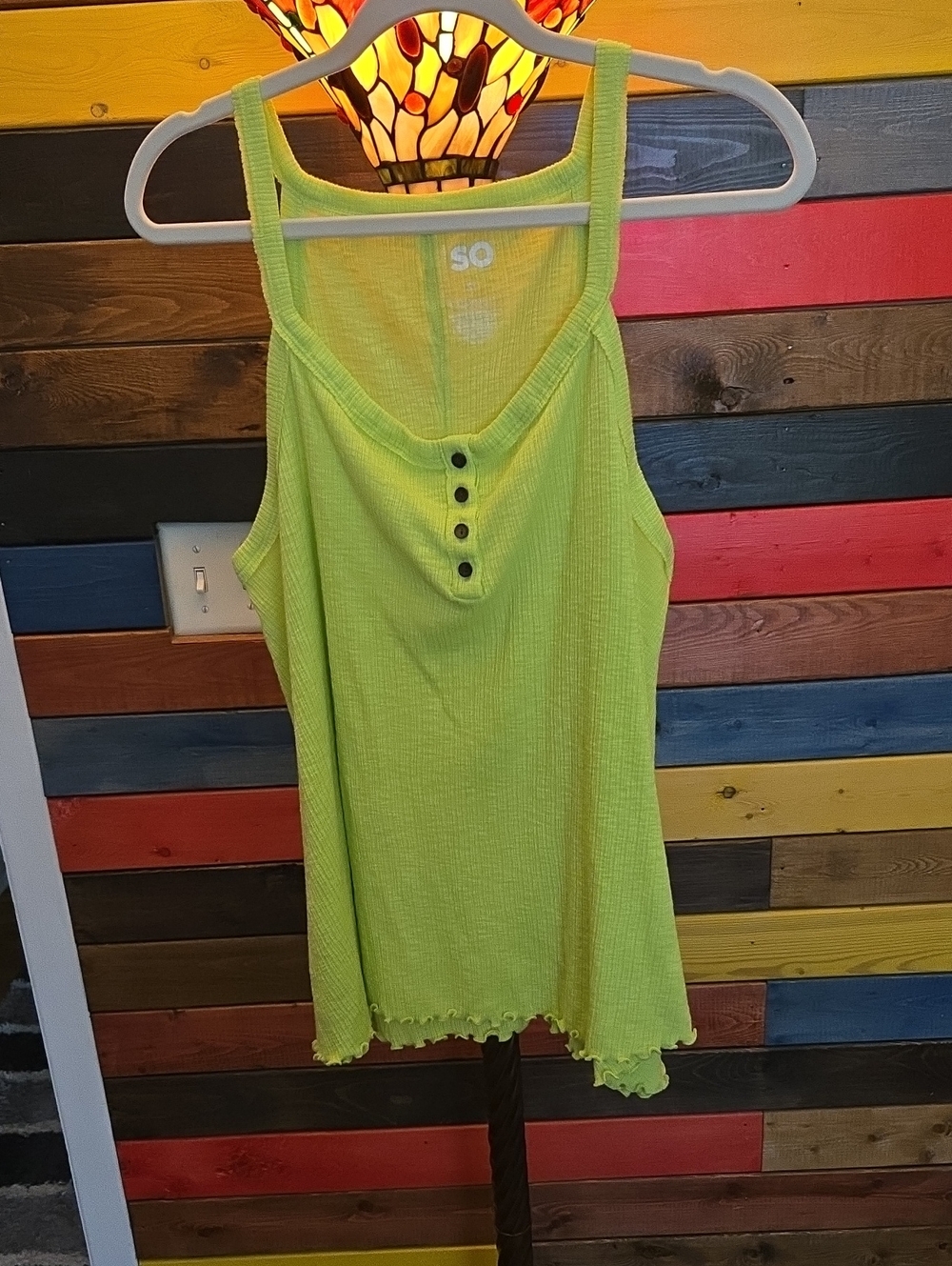 SO Neon Lime Ribbed Tank Top with Front Buttons💚 Size XL